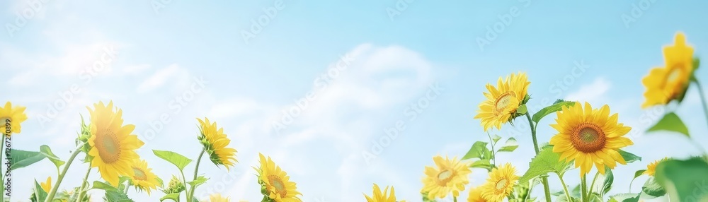 Vivid sunflowers embrace the boundless blue sky in picturesque countryside