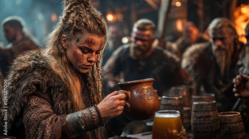 A Viking woman wearing a traditional tunic and a fur shawl, pouring beer from a clay jug into drinking horns for a group of warriors, with barrels of ale stacked in the background A Viking woman wearing a traditional tunic and a fur shawl, pouring beer from a clay jug into drinking horns for a group of warriors, with barrels of ale stacked in the background
