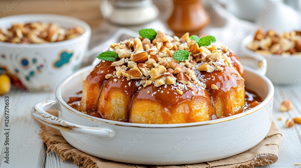 Delicious Caramel Cake with Almonds and Mint Topping in a White Bowl on Wooden Table Delicious Caramel Cake with Almonds and Mint Topping in a White Bowl on Wooden Table