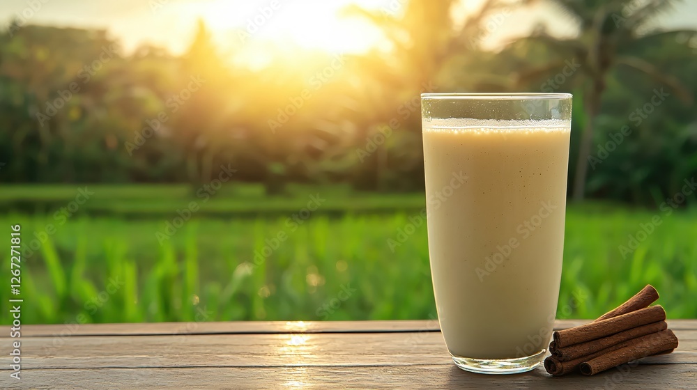 Refreshing cinnamon drink on wooden table with a tropical sunrise in the background scene