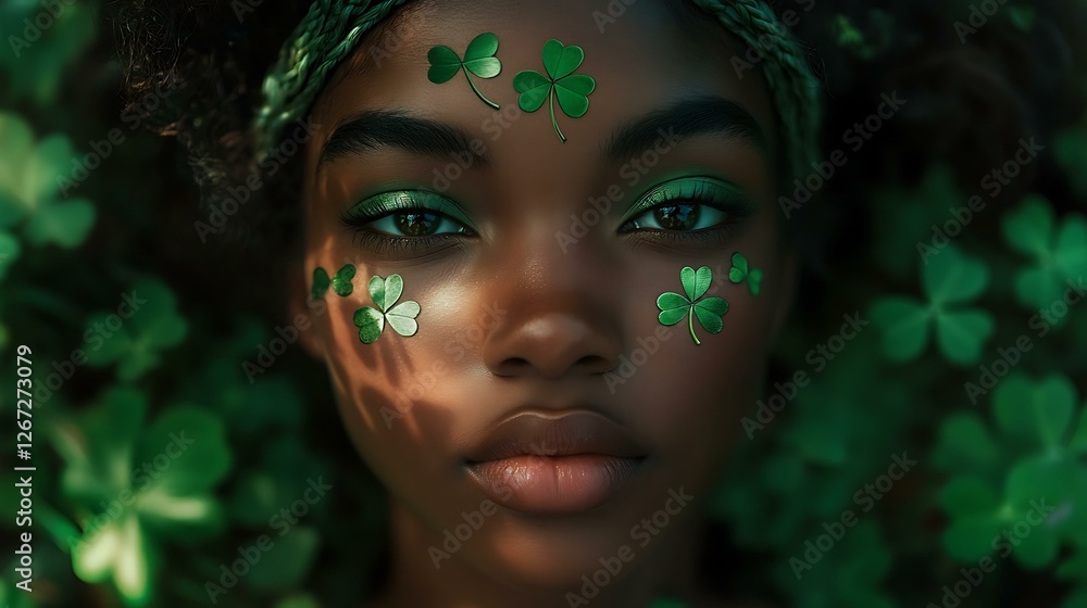 Black woman wearing a Celtic-style headband, with green eyeshadow and clover patterns on her cheeks Black woman wearing a Celtic-style headband, with green eyeshadow and clover patterns on her cheeks