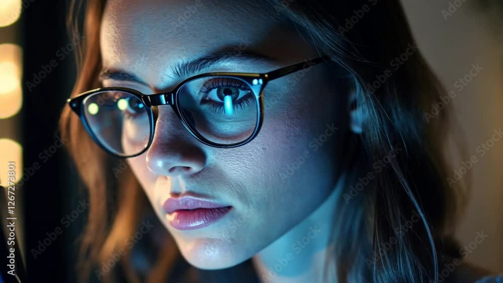 Blue Light Gaze: A captivating portrait of a woman wearing stylish eyeglasses, with the blue light reflecting off her lenses, creating a mesmerizing and intriguing atmosphere. Blue Light Gaze: A captivating portrait of a woman wearing stylish eyeglasses, with the blue light reflecting off her lenses, creating a mesmerizing and intriguing atmosphere.