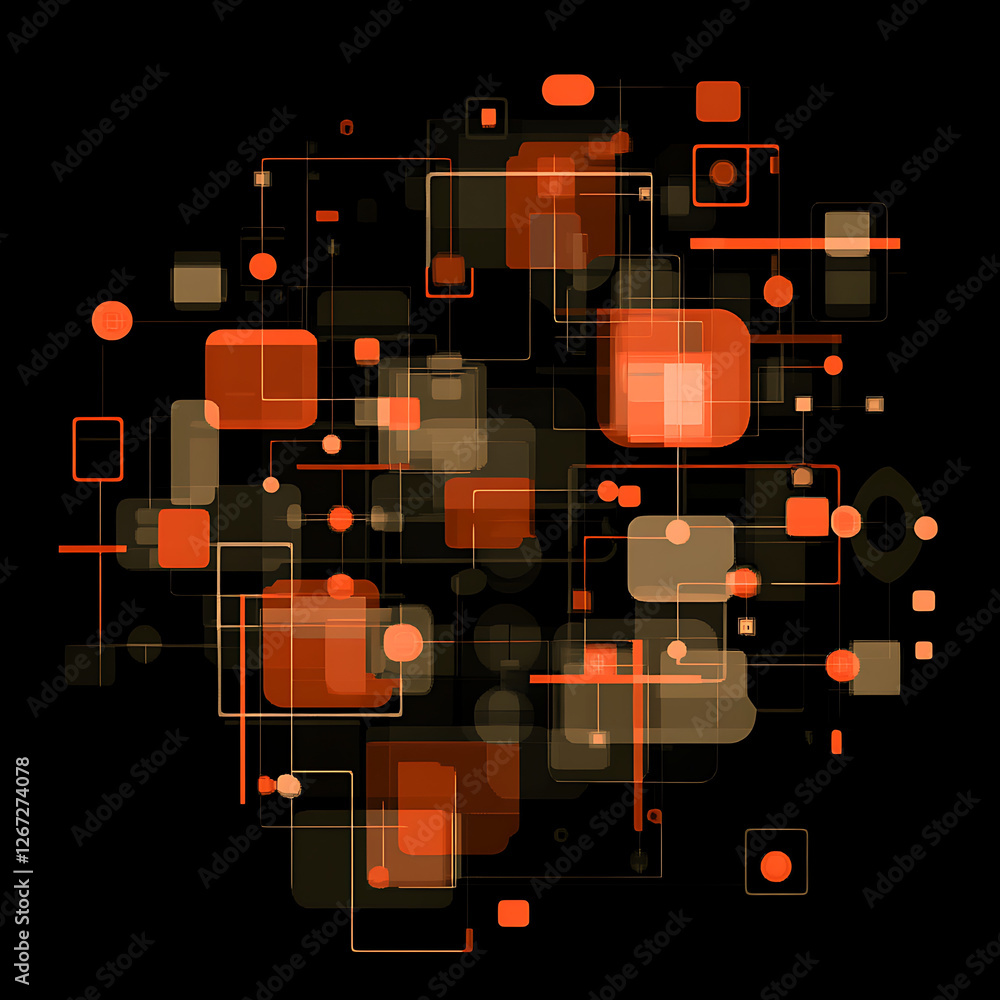 Abstract Geometric Network Connection in Orange and Beige Against Black Background Art Composition