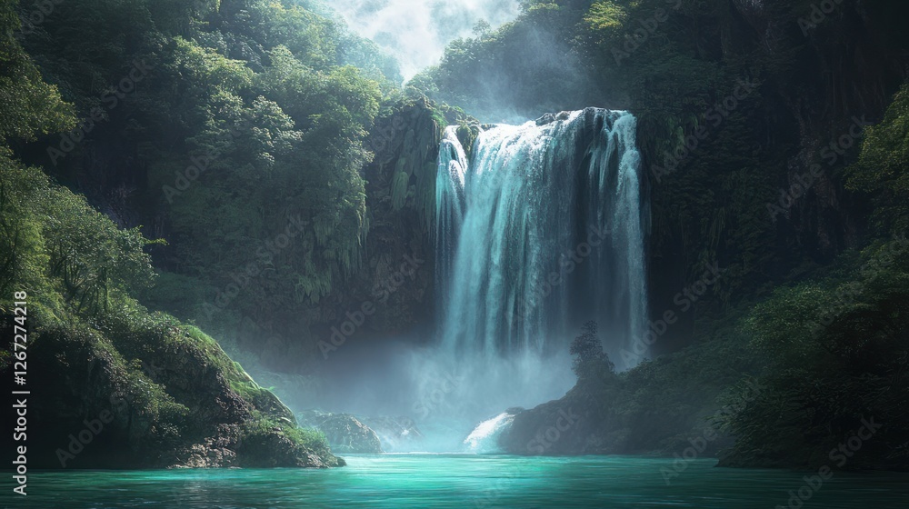 Lush jungle waterfall cascades into serene pool (1)