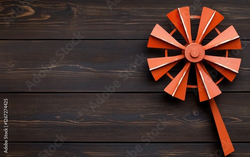 A vibrant orange windmill against a rustic wooden background, showcasing a blend of vintage design and natural materials. photo