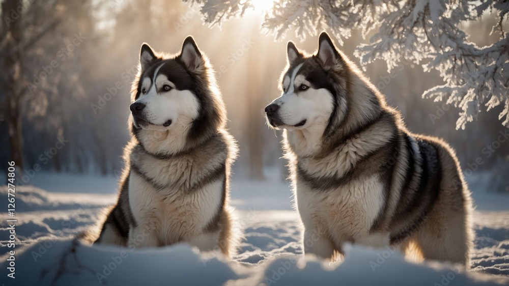 Two majestic dogs sit in a snowy landscape, illuminated by soft sunlight. Two majestic dogs sit in a snowy landscape, illuminated by soft sunlight.