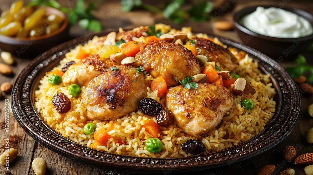 A Delicious Plate of Chicken Kabsa, Middle Eastern Food, Saudi Arabian Food, Saudi Arabian Cuisine, Middle Eastern Cuisine A Delicious Plate of Chicken Kabsa, Middle Eastern Food, Saudi Arabian Food, Saudi Arabian Cuisine, Middle Eastern Cuisine