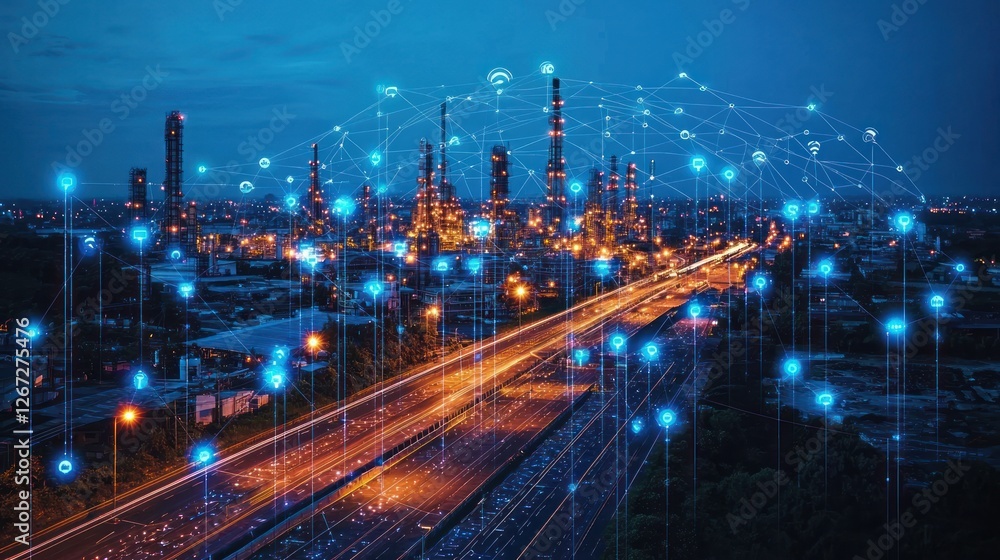 Obraz premium Smart city, nighttime refinery, highway, IoT network, industrial digitalization, data visualization