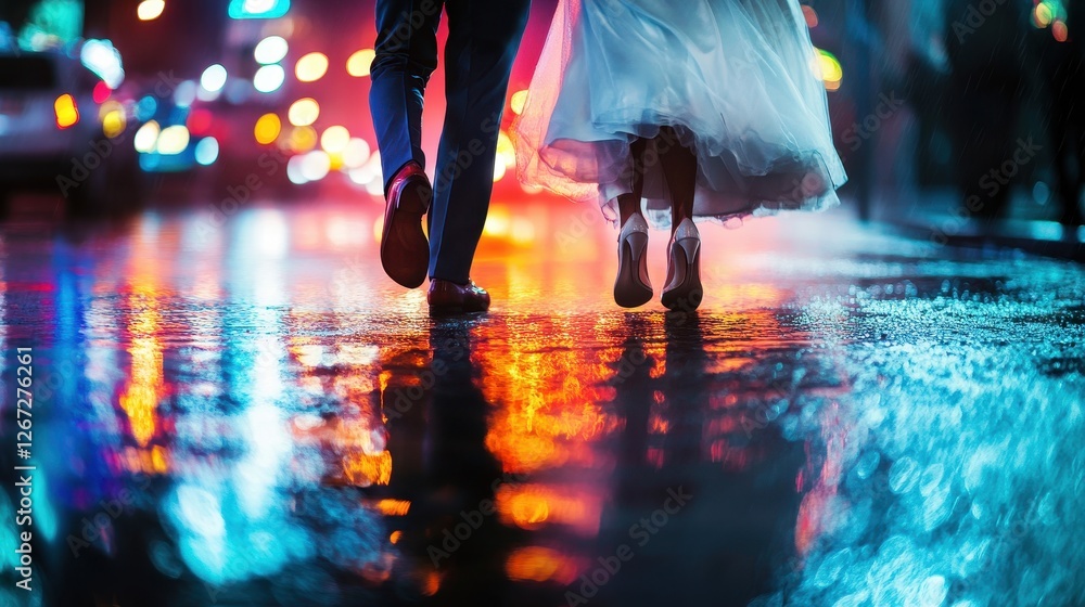 Obraz premium Happy Wedding couple dancing and running in the rain,city night,Young joyful bride and groom emotionally dancing on road,honeymoon and romantic night,valentine,sweet moment,copy space.