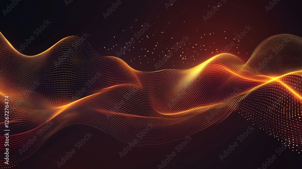 Fototapeta premium Abstract Golden Wave Particle Flow Digital Art Background Design Elegant Luxury Premium Modern Technology Network Connection Futuristic Shiny Orange 