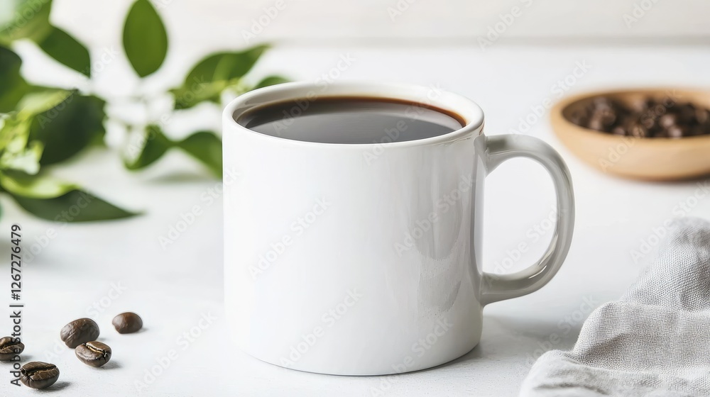 Coffee mug, black coffee, beans, leaves, bright kitchen Coffee mug, black coffee, beans, leaves, bright kitchen