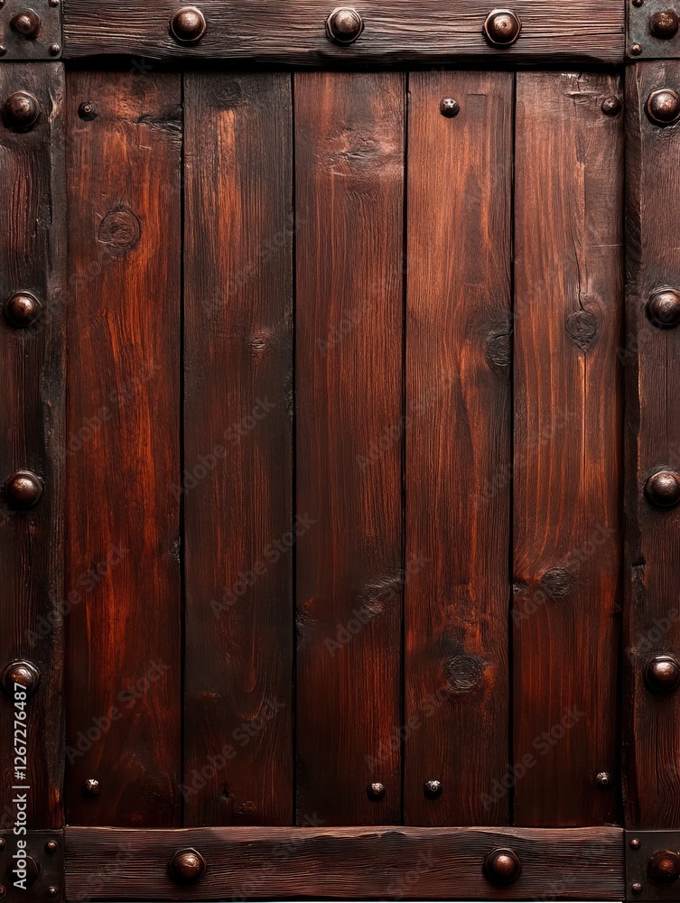A rustic wooden door with dark, rich tones, featuring metal studs and a textured surface, exuding a sense of history and craftsmanship. A rustic wooden door with dark, rich tones, featuring metal studs and a textured surface, exuding a sense of history and craftsmanship.