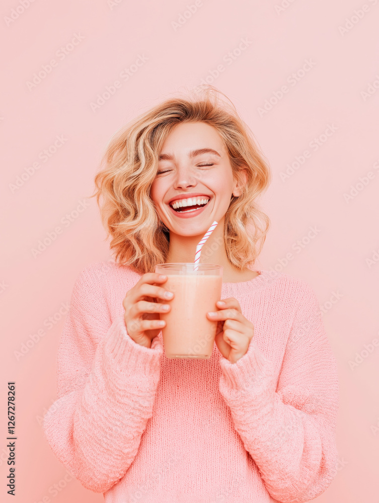 Girl smiling while enjoying a healthy smoothie, pink background Girl smiling while enjoying a healthy smoothie, pink background