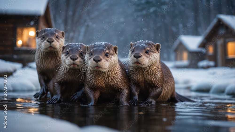 Four otters standing in a snowy river, surrounded by a serene, wintery landscape. Four otters standing in a snowy river, surrounded by a serene, wintery landscape.