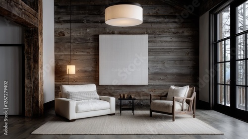 Wallpaper Mural Modern rustic living room with large canvas, wooden walls, and mountain view Torontodigital.ca
