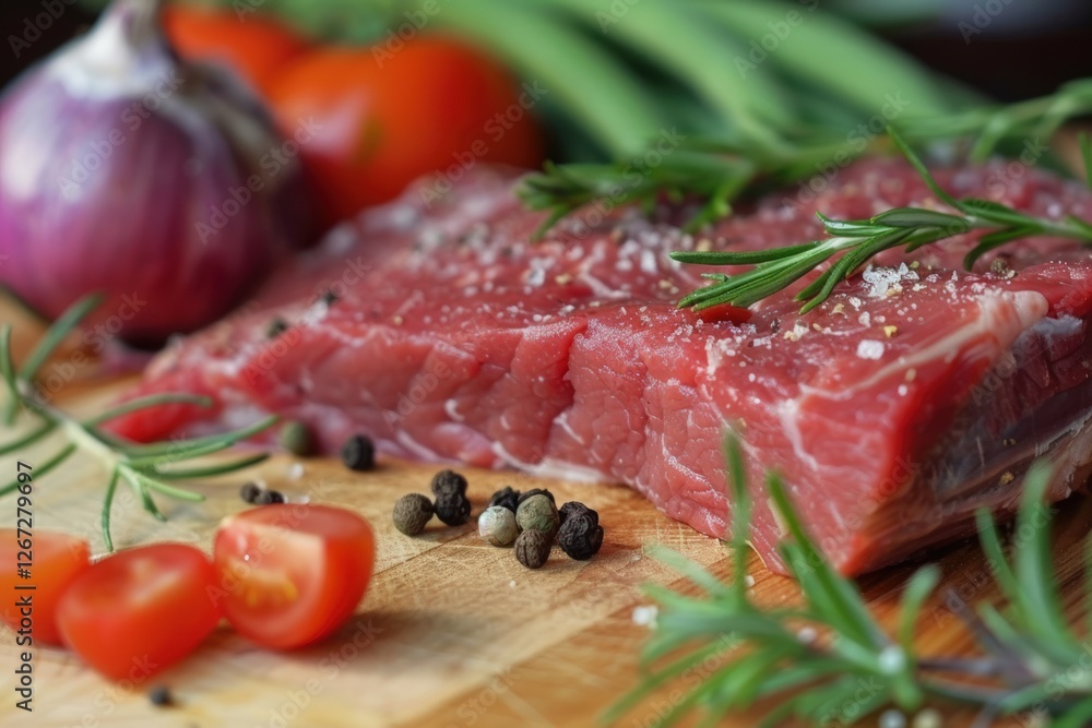 Seasoned Raw Beef Steak on Wooden Board Seasoned Raw Beef Steak on Wooden Board
