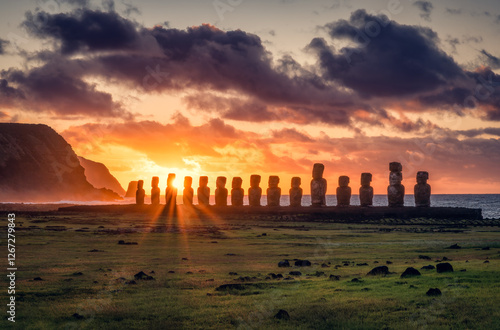 Photos Amazing sunrise with moai statue silhouettes on Ahu Tongariki, Easter Island, Chile, Sun rising behind the statues with dramatic colored sky