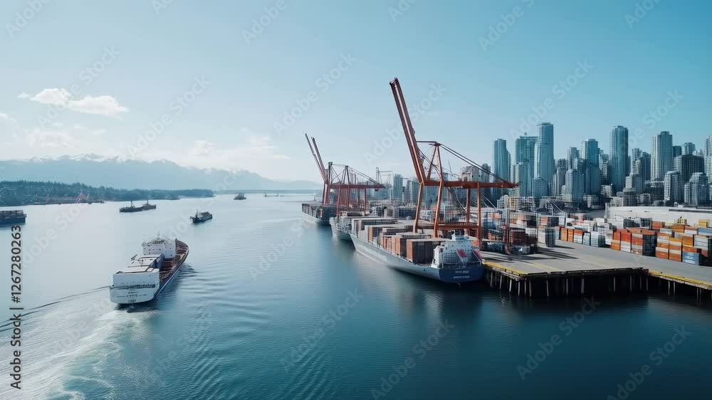 Shipping activity and skyline view of Vancouver harbor with cranes and vessels in motion during a clear day Shipping activity and skyline view of Vancouver harbor with cranes and vessels in motion during a clear day