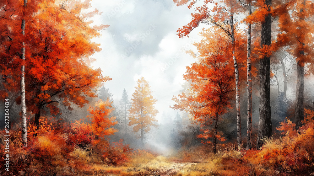 Lush autumn forest with vibrant orange leaves and misty background Lush autumn forest with vibrant orange leaves and misty background