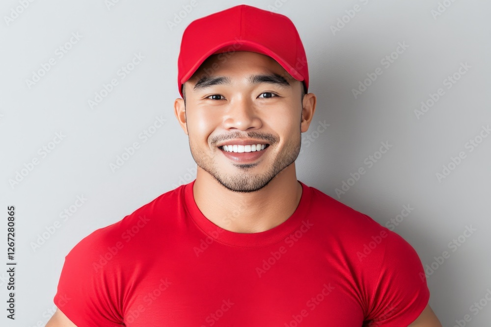 Friendly delivery worker in red uniform and cap smiling confidently professional and approachable service oriented expression in modern portrait photography with neutral background Friendly delivery worker in red uniform and cap smiling confidently professional and approachable service oriented expression in modern portrait photography with neutral background