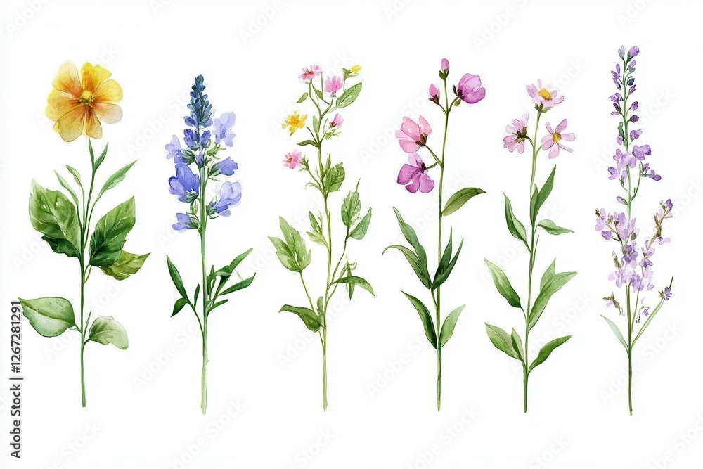 Naklejka premium Whimsical Wildflower Watercolor Illustrations for Elegant Wedding Decor and Invitations