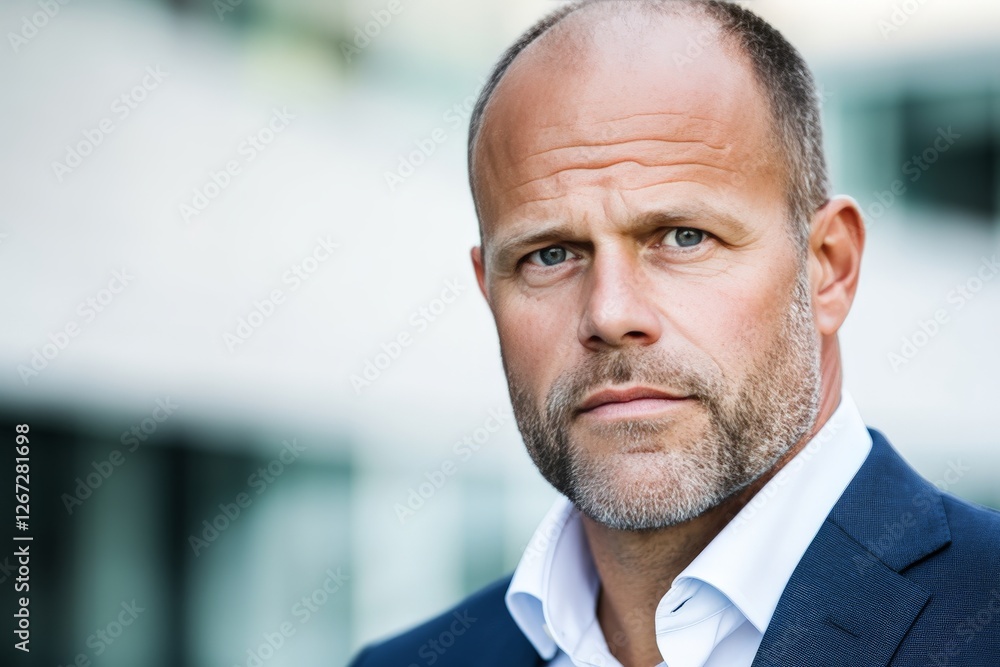 Fototapeta premium Serious bald businessman in navy suit standing in corporate environment intense gaze professional determination and leadership presence in industry