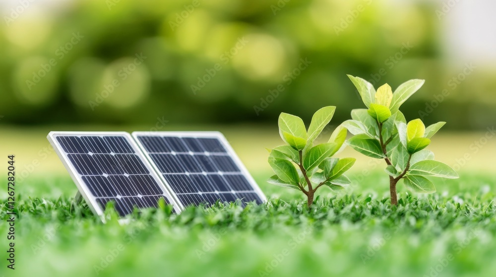 Fototapeta premium Solar panels with young green plants growing in between sustainable energy eco friendly agriculture and innovative environmental technology concept