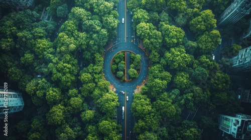 Aerial view of urban roundabout surrounded by lush green trees; city buildings in background; sustainable urban planning