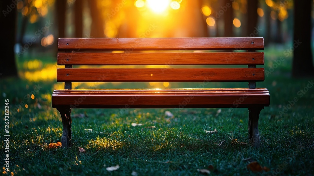 Empty park bench at sunset with golden light Empty park bench at sunset with golden light