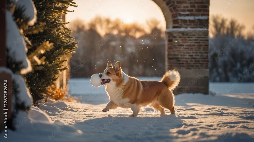 A playful corgi runs through snow, joyfully carrying a snowball in a winter landscape. A playful corgi runs through snow, joyfully carrying a snowball in a winter landscape.