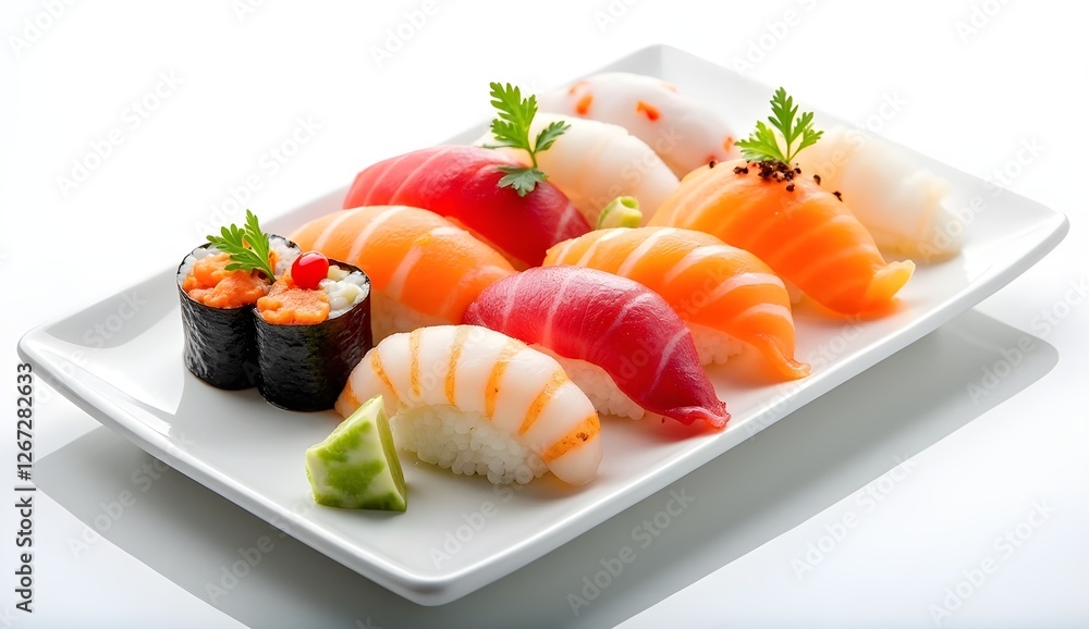 Sushi platter on clean white background with fresh ingredients and elegant presentation Sushi platter on clean white background with fresh ingredients and elegant presentation