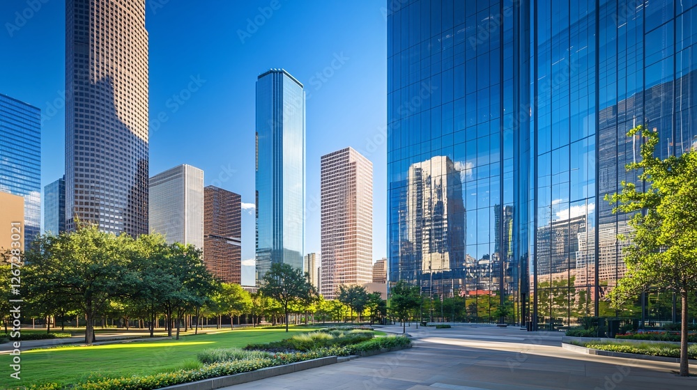 Modern Cityscape Skyline Stunning Architecture Vibrant Green Urban Park Peaceful Oasis Tranquil Setting Beautiful Buildings Glass Facades Summer Day Modern Cityscape Skyline Stunning Architecture Vibrant Green Urban Park Peaceful Oasis Tranquil Setting Beautiful Buildings Glass Facades Summer Day