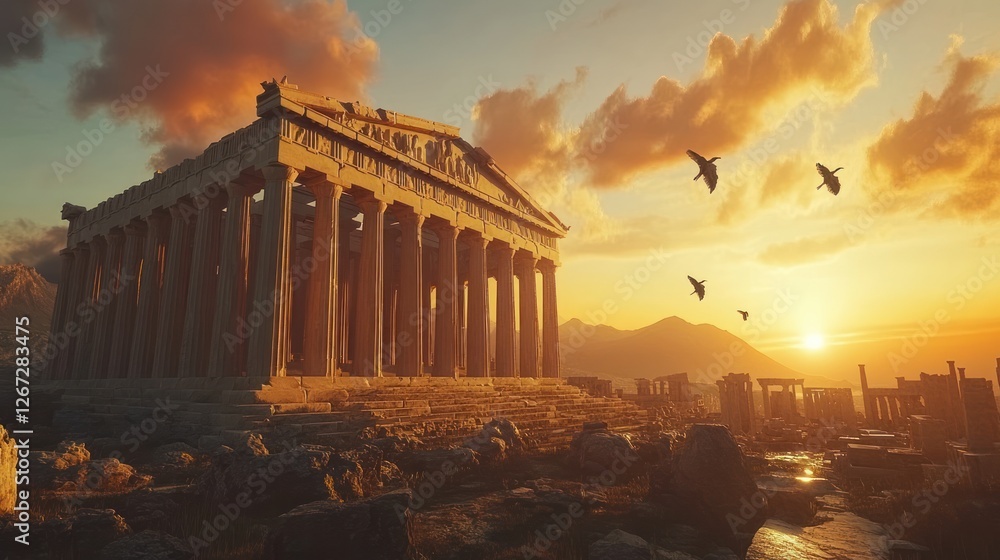 Obraz premium Sunset over Acropolis, Athens, Greece; ancient ruins, birds