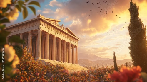 Athenian temple sunset garden landscape, travel poster photo