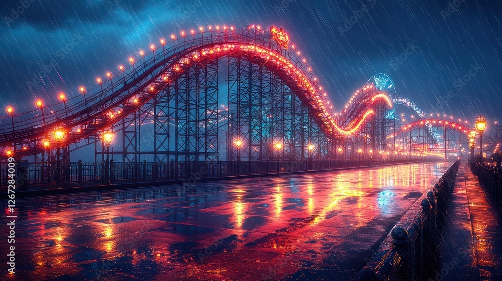 Obraz premium Rainy night, illuminated roller coaster on boardwalk, city lights reflecting on wet road, amusement park scene, ideal for travel or entertainment websites