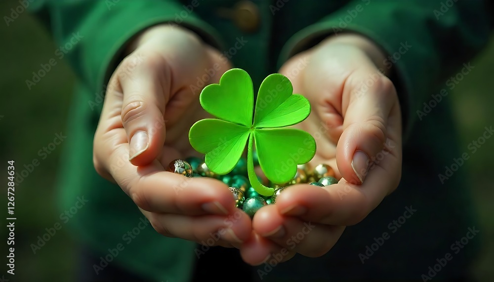 Lucky charm magic four-leaf clover, St. Patrick's Day holiday symbols and decorations, created with generative ai Lucky charm magic four-leaf clover, St. Patrick's Day holiday symbols and decorations, created with generative ai