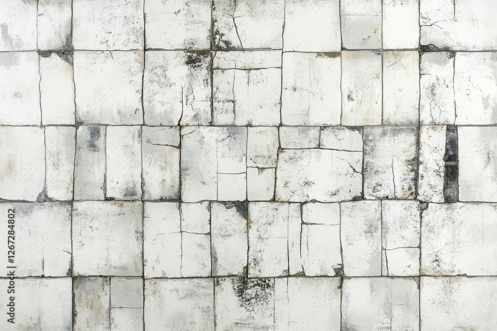 Fototapeta premium Weathered Plaster Wall: Aged White and Beige Texture with Cracks and Mortar Details