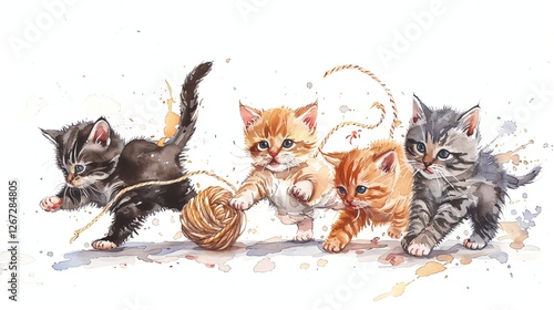 A watercolor painting of four kittens playing with a ball of yarn.