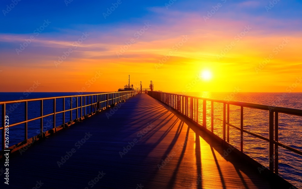Serene sunset over a wooden pier extending into the ocean with vibrant color and calm waters Serene sunset over a wooden pier extending into the ocean with vibrant color and calm waters