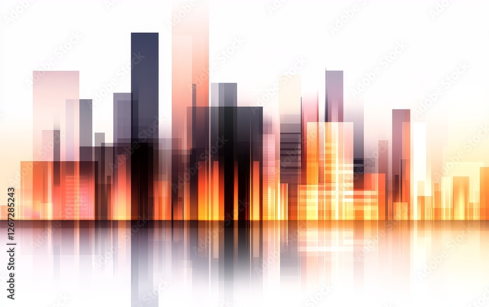 Abstract city skyline with vibrant color reflecting on a calm surface at sunset Abstract city skyline with vibrant color reflecting on a calm surface at sunset