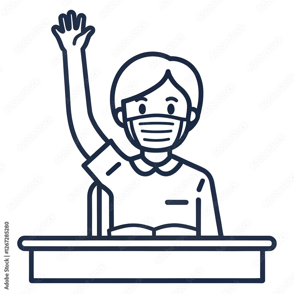 Student Raising Hand While Wearing Face Mask Thin Line Icon - Editable Stroke Student Raising Hand While Wearing Face Mask Thin Line Icon - Editable Stroke