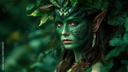 Enchanting Green Skinned Elf Woman in Forest Fantasy Costume Mystical Nature Portrait photo