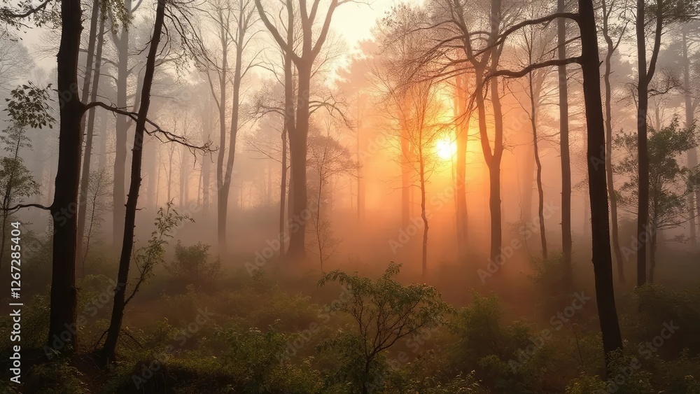 Misty dawn forest fog rises from forest floor, foliage, trees Misty dawn forest fog rises from forest floor, foliage, trees
