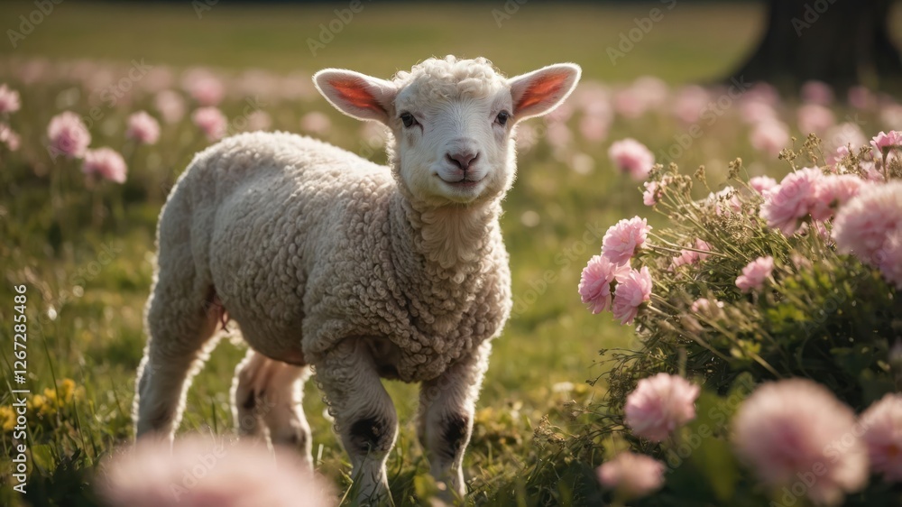 A playful lamb stands in a vibrant field of flowers, embodying the essence of spring. A playful lamb stands in a vibrant field of flowers, embodying the essence of spring.
