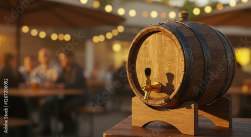 Wooden barrel with tap in outdoor beer garden during golden hour