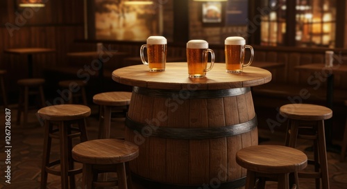 Three beer mugs on barrel table in rustic pub setting