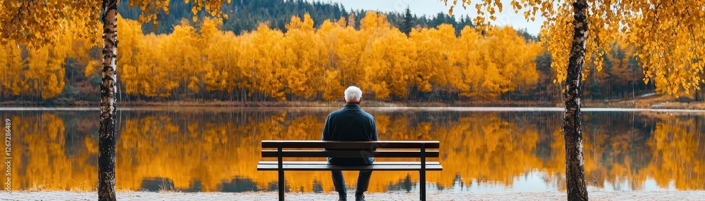 Serene Senior Man Contemplating Autumnal Lake and Golden Trees Serene Senior Man Contemplating Autumnal Lake and Golden Trees
