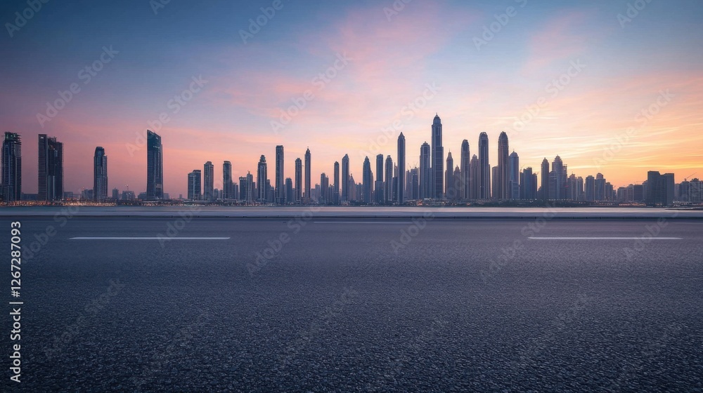Obraz premium city skyline at sunset with empty road