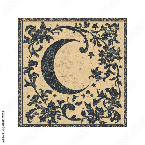 Crescent Moon and Floral Design Vintage Art Nouveau Style Square Tile