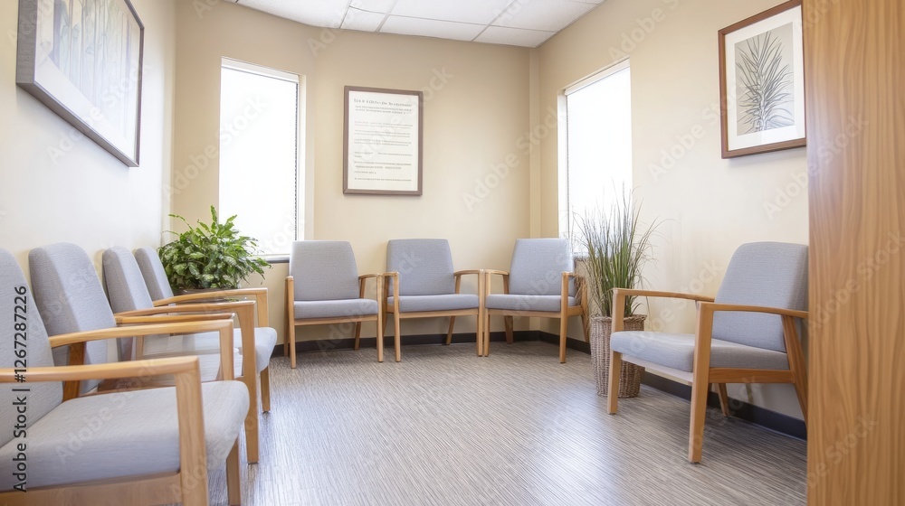 A well-lit minimalist waiting room featuring soft beige walls, light gray chairs, and natural wood decor. A well-lit minimalist waiting room featuring soft beige walls, light gray chairs, and natural wood decor.